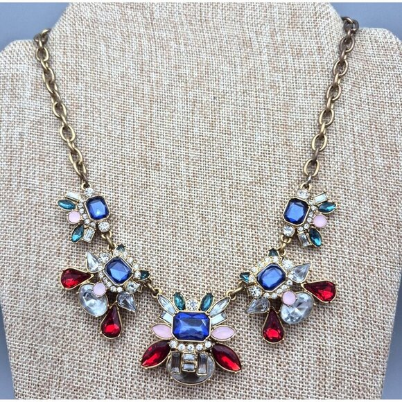 Loft Chunky 3-D Multicolor Statement Necklace Faceted Stones Gold Tone 20.5" - Picture 3 of 7